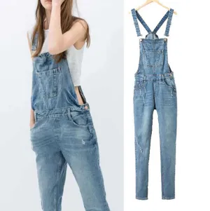 Spring Denim Jumpsuits Women's Overalls Pants/Ladies' Jeans Gallus Female Ripped Hole Ladies Cowboy Slim Casual Romper Plus