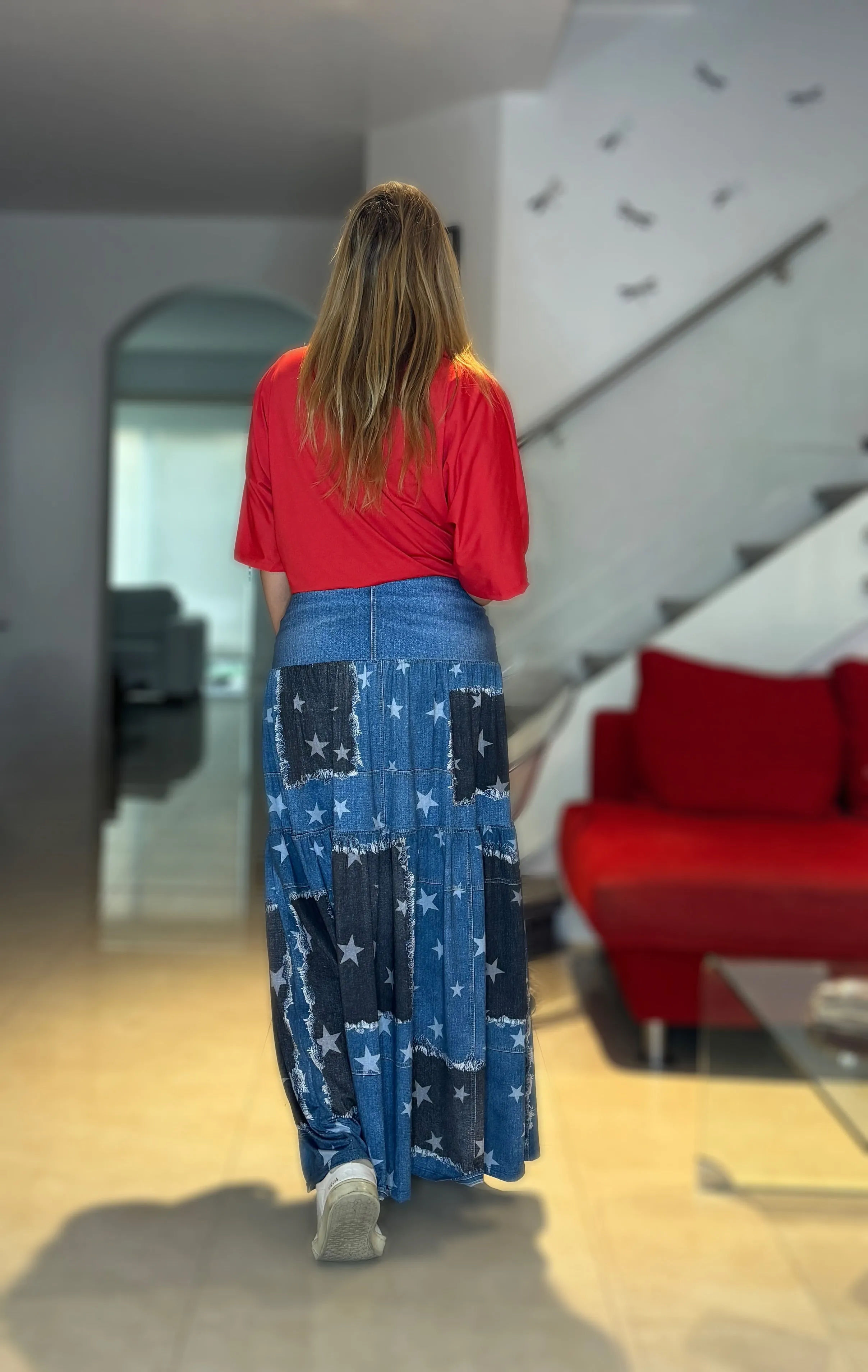 Stars Patches Denim Maxy Skirt