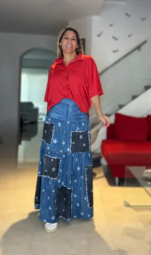 Stars Patches Denim Maxy Skirt