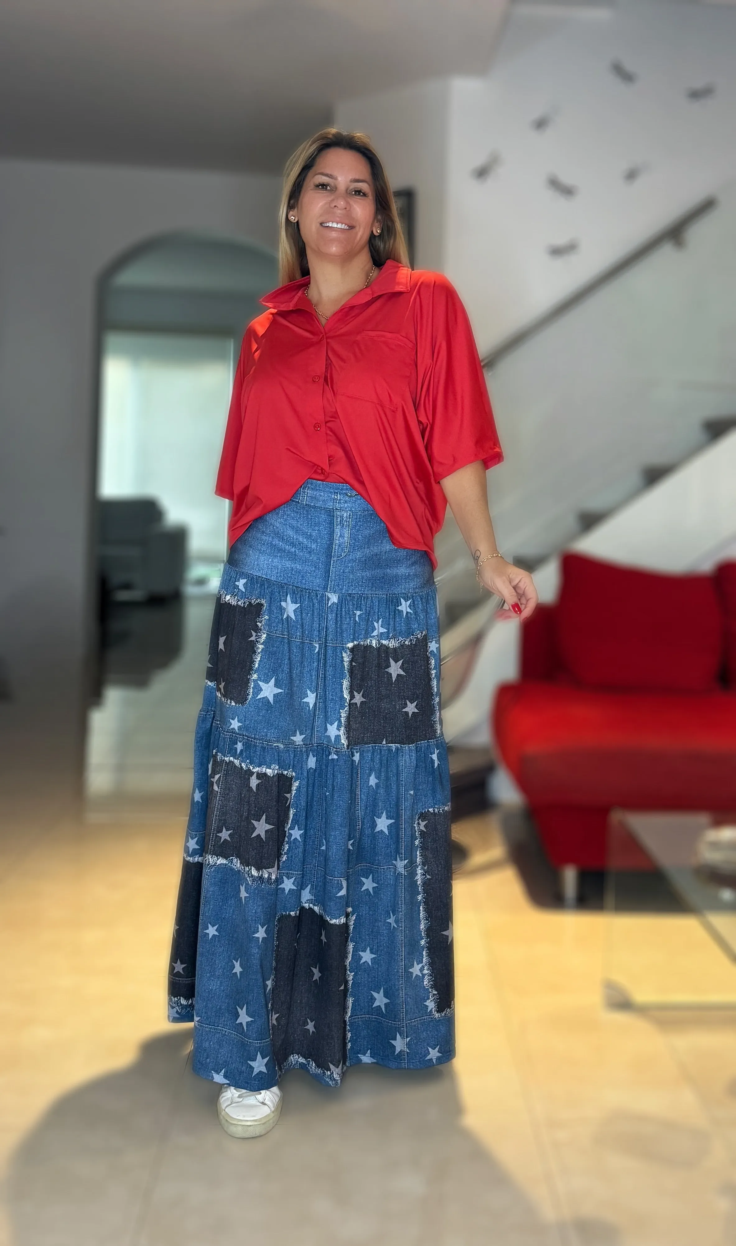 Stars Patches Denim Maxy Skirt