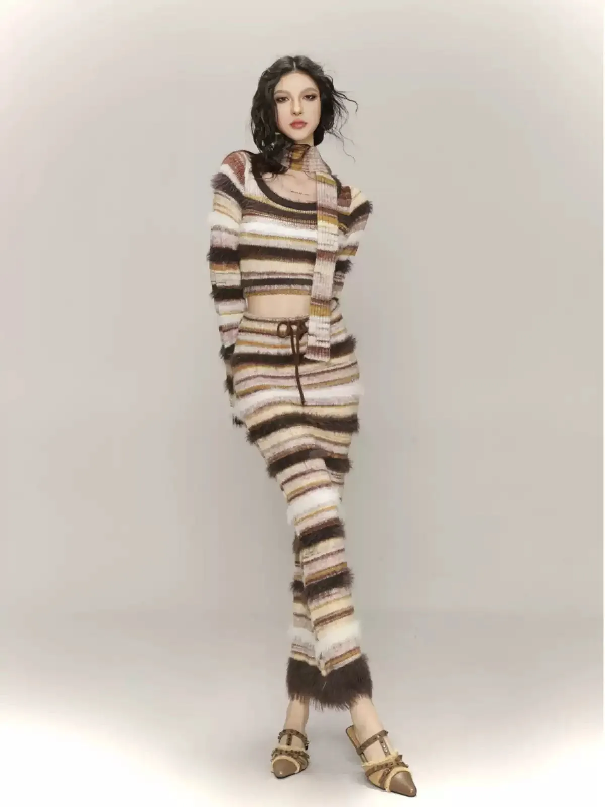 Striped knitted A-line hip skirt