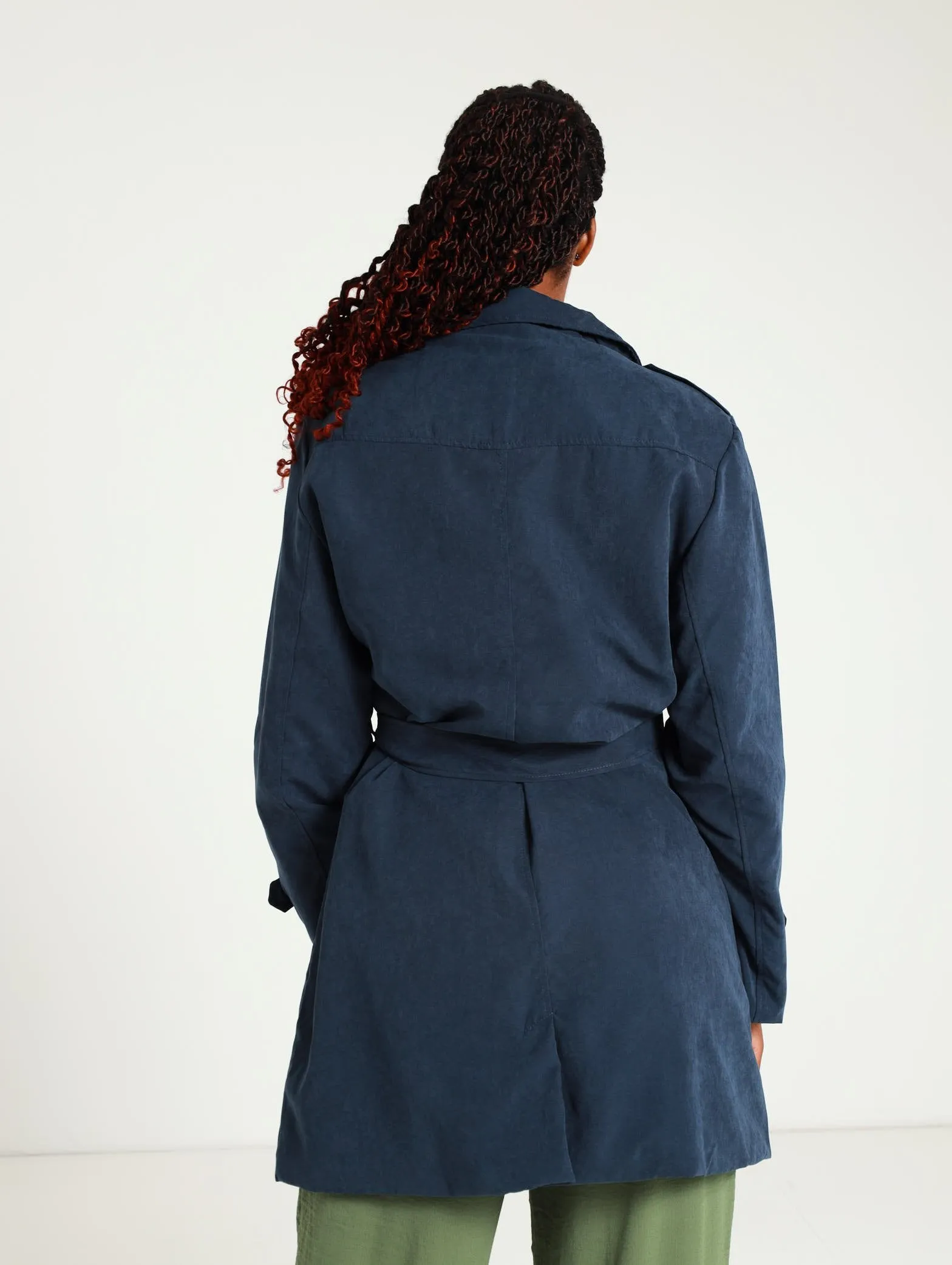 Suede Trench Coat - Navy