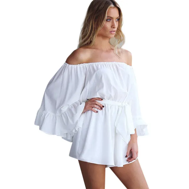 summer bodysuit Women Fashion Sexy Word Shoulder Ruffled Jumpsuit Belt Casual Shorts body femme sexy комбинезон женский#BY35