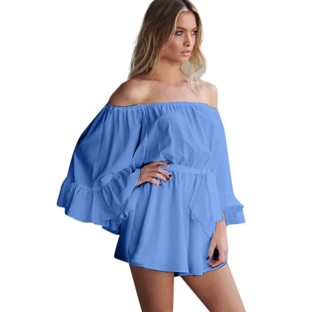 summer bodysuit Women Fashion Sexy Word Shoulder Ruffled Jumpsuit Belt Casual Shorts body femme sexy комбинезон женский#BY35