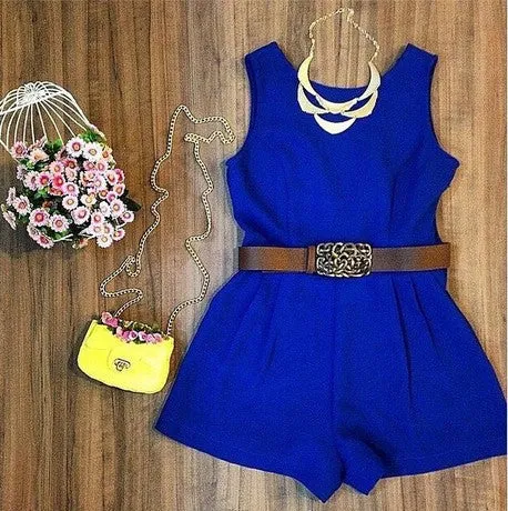 Summer Rompers Womens Jumpsuit Sleeveless Shorts No Belt Basic Jumpsuit Blue Playsuit Overalls