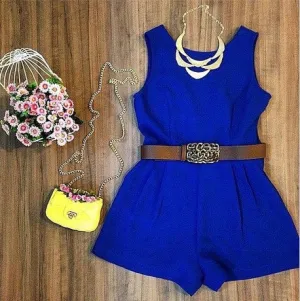Summer Rompers Womens Jumpsuit Sleeveless Shorts No Belt Basic Jumpsuit Blue Playsuit Overalls