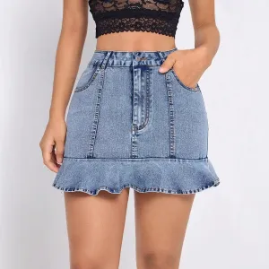 Summer Streetwear Solid Color Polyester Denim Above Knee Skirts