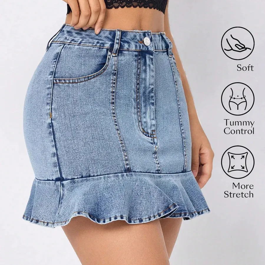 Summer Streetwear Solid Color Polyester Denim Above Knee Skirts