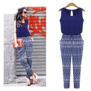 Summer Style Women Print O-neck Jumpsuit overalls Fashion Sleeveless Loose Slim Rompers Sexy Jumpsuits Playsuit u2