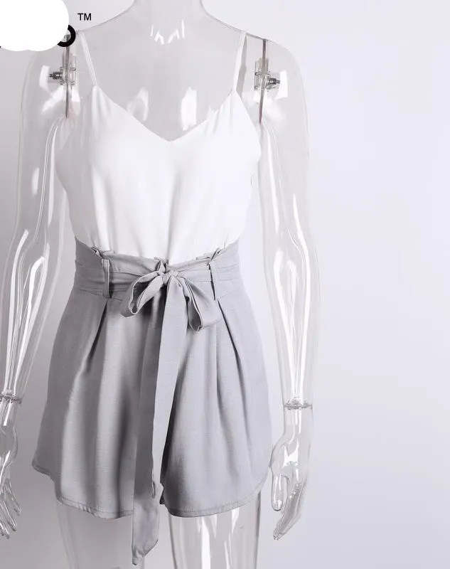 Summer white v neck girls elegant jumpsuit romper Women bow casual playsuit Sexy backless high waist short overalls