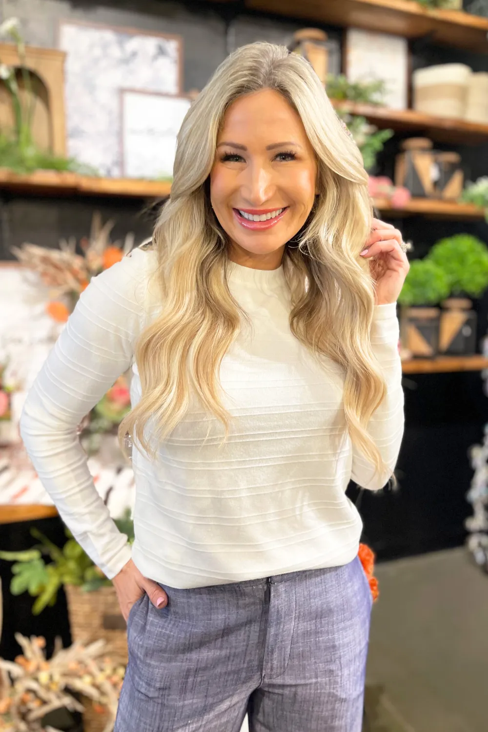 Texture Striped Crewneck Pullover Sweater