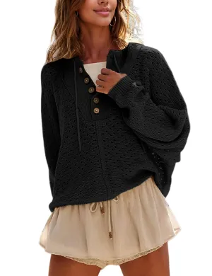 TIQOJE Hoodies for Women Oversized Knit Sweatshirt Long Sleeve Button Drawstring V Neck Pullover Sweaters(Black-M)