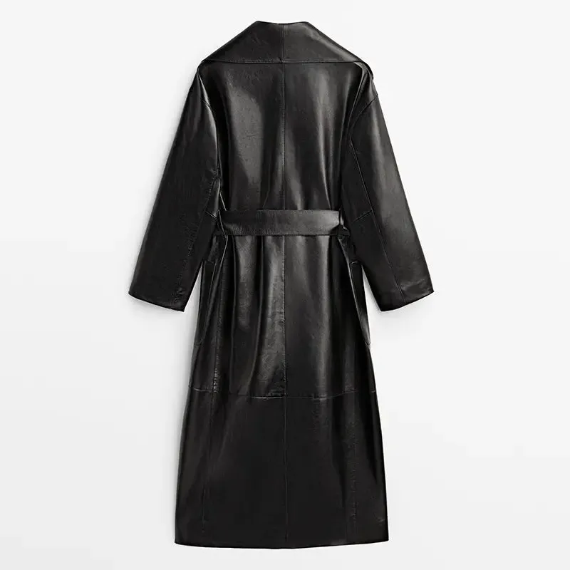 Turn Down Black Leather Trench  Coat