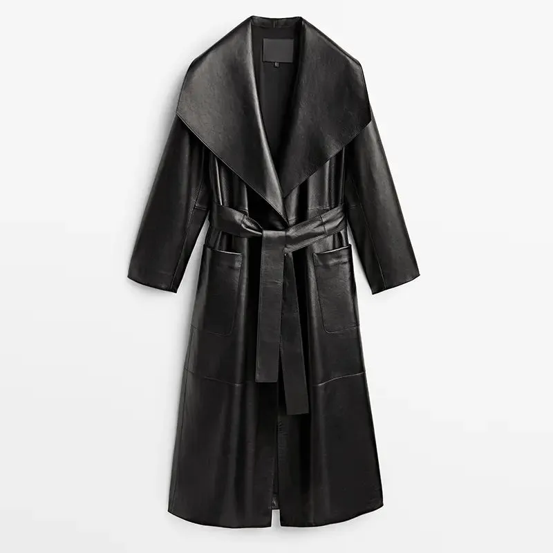 Turn Down Black Leather Trench  Coat