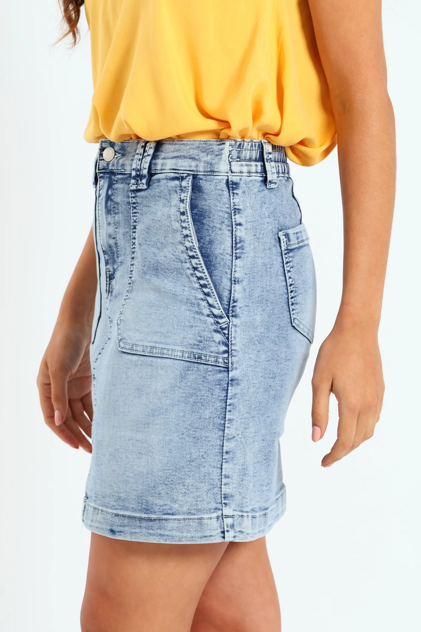 Utility Pocket Knit Denim Mini Skirt - Light Wash
