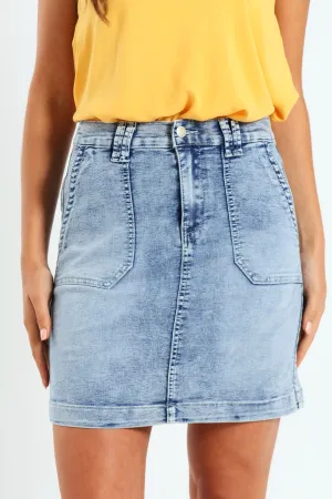 Utility Pocket Knit Denim Mini Skirt - Light Wash