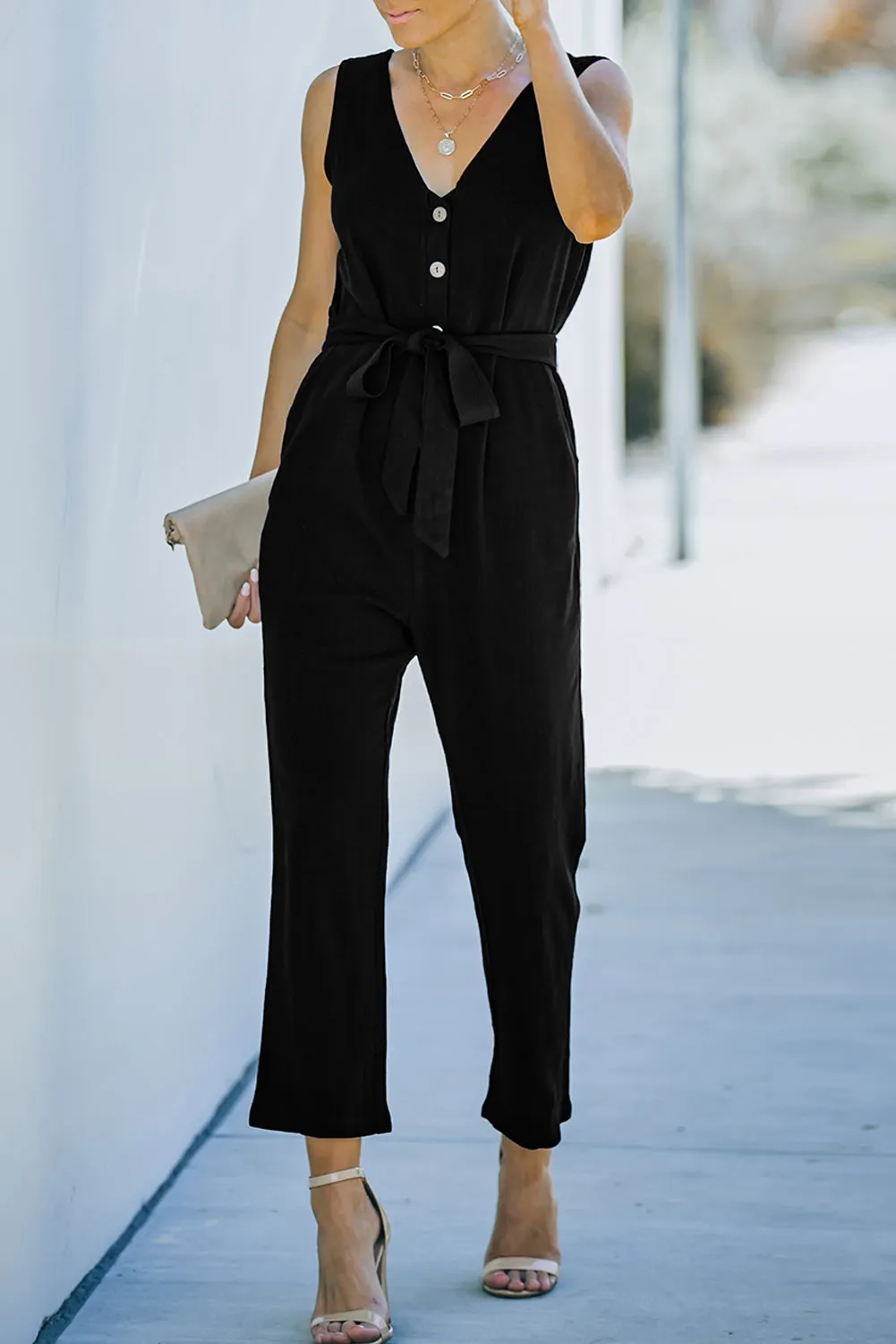 V Neck Belted Jumpsuit