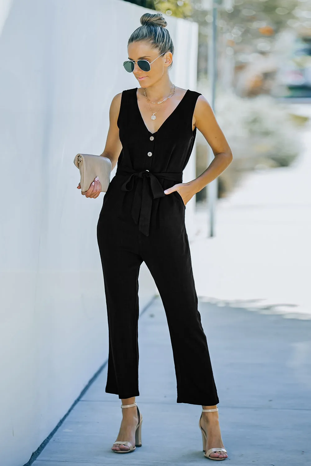 V Neck Belted Jumpsuit