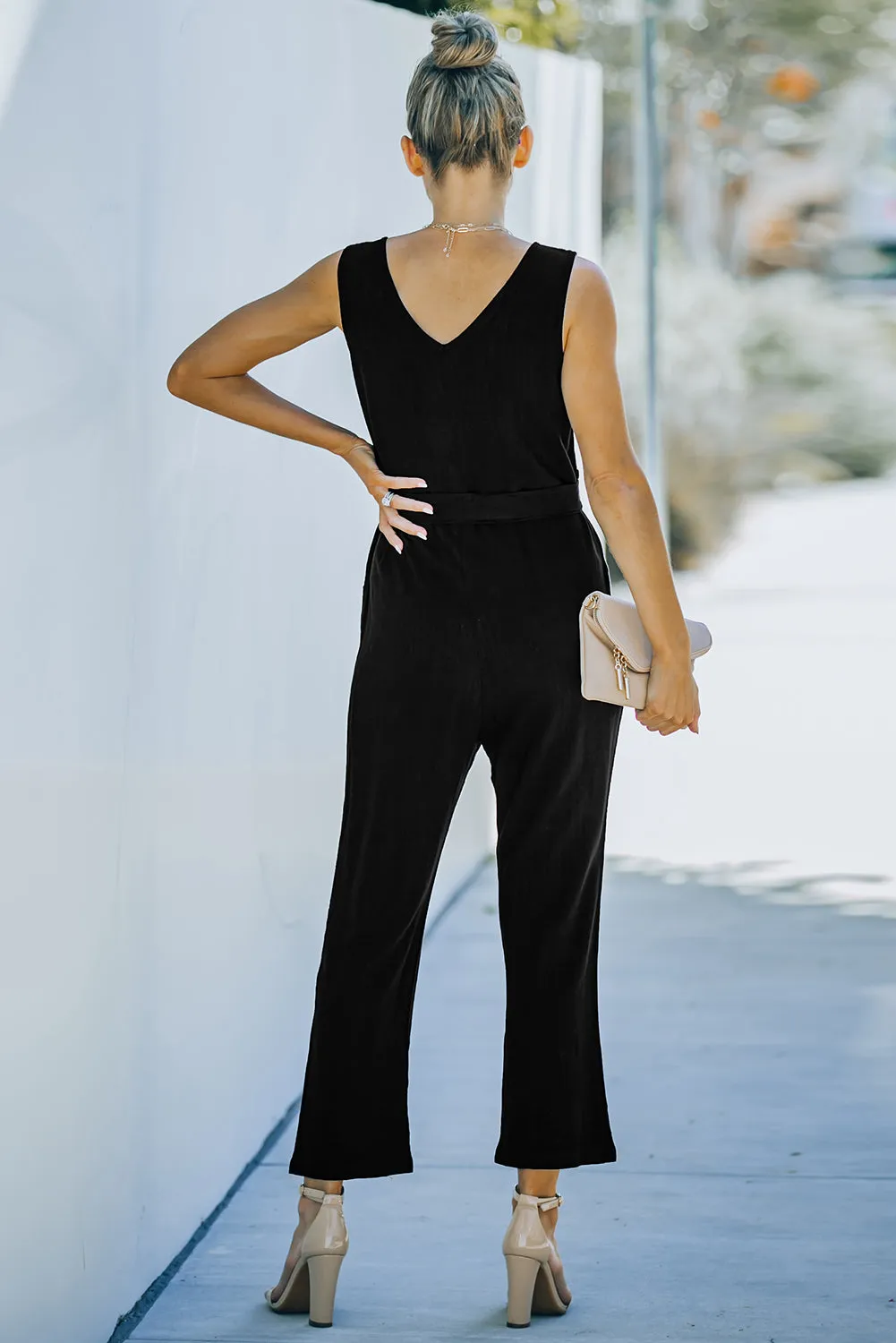 V Neck Belted Jumpsuit