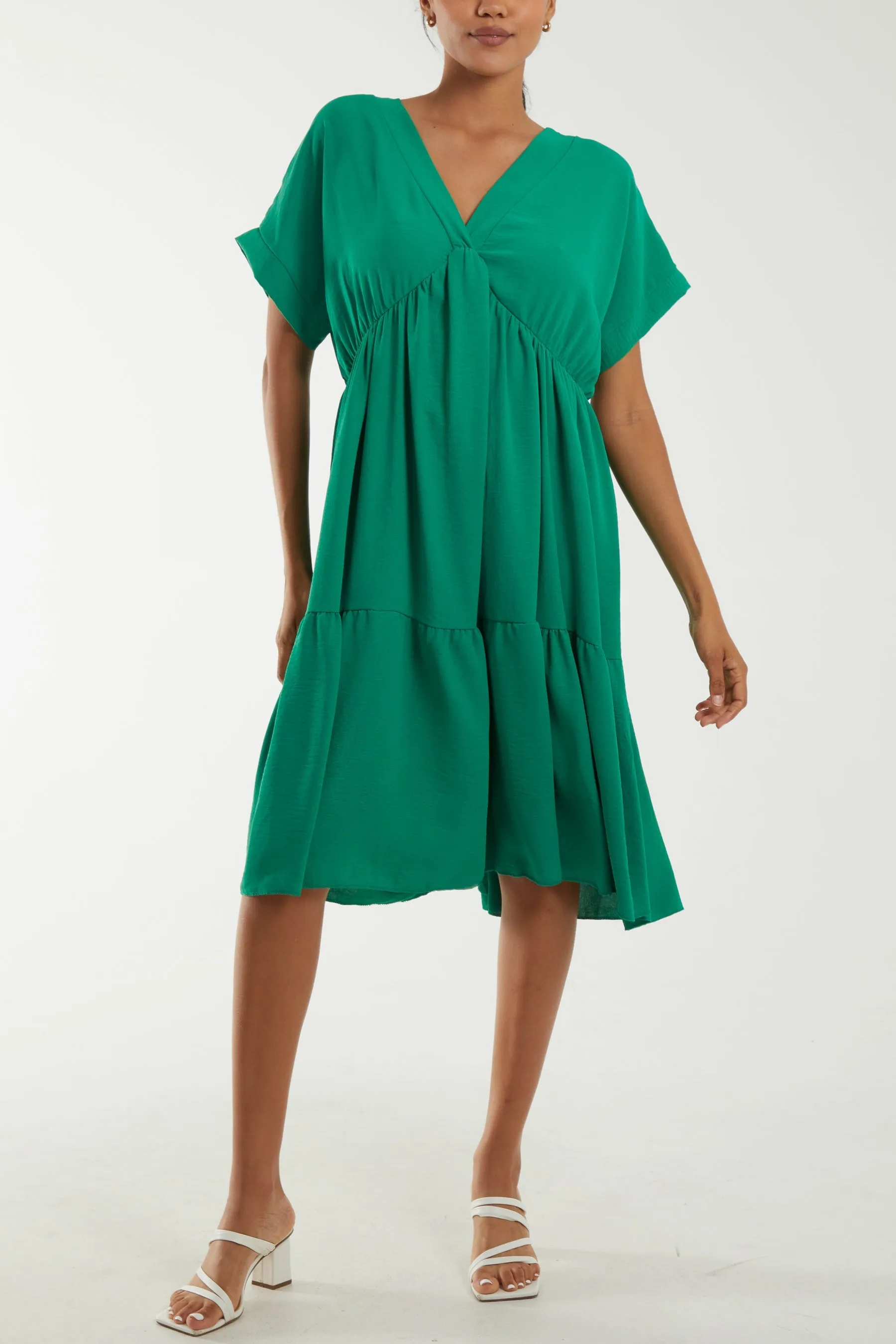 V-Neck Short Sleeve Tiered Midi Dress
