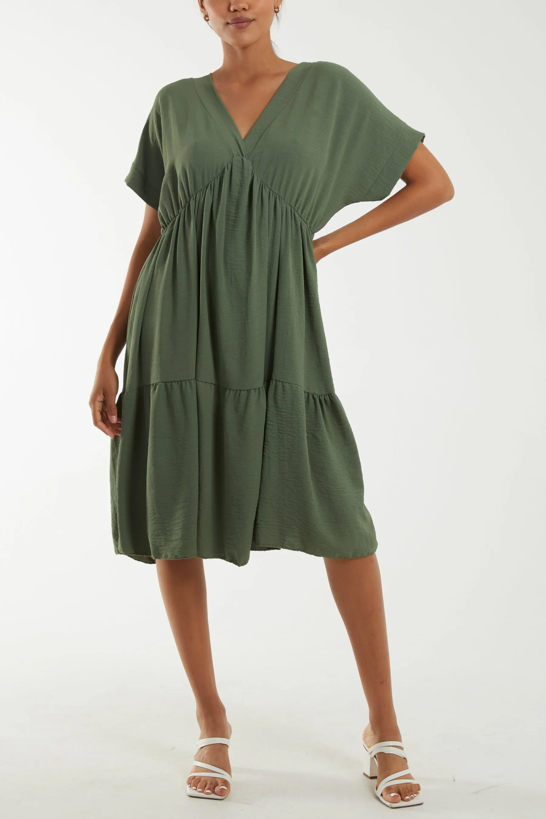 V-Neck Short Sleeve Tiered Midi Dress