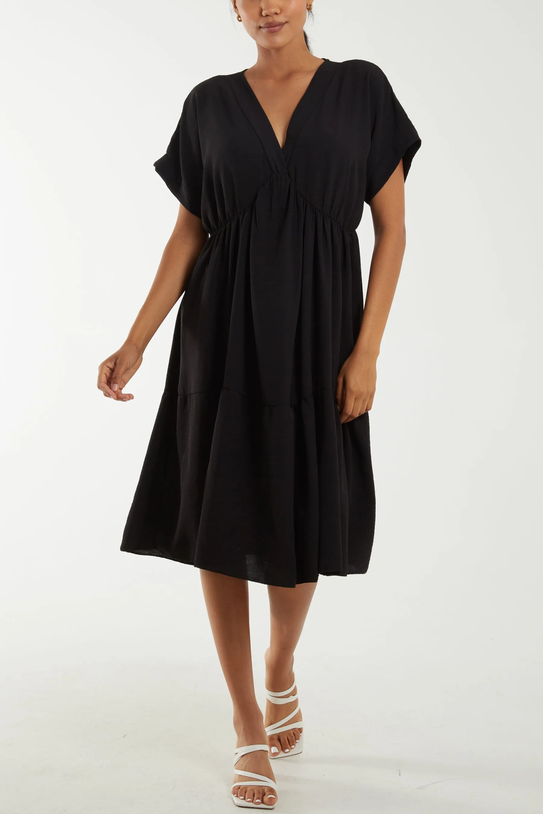 V-Neck Short Sleeve Tiered Midi Dress