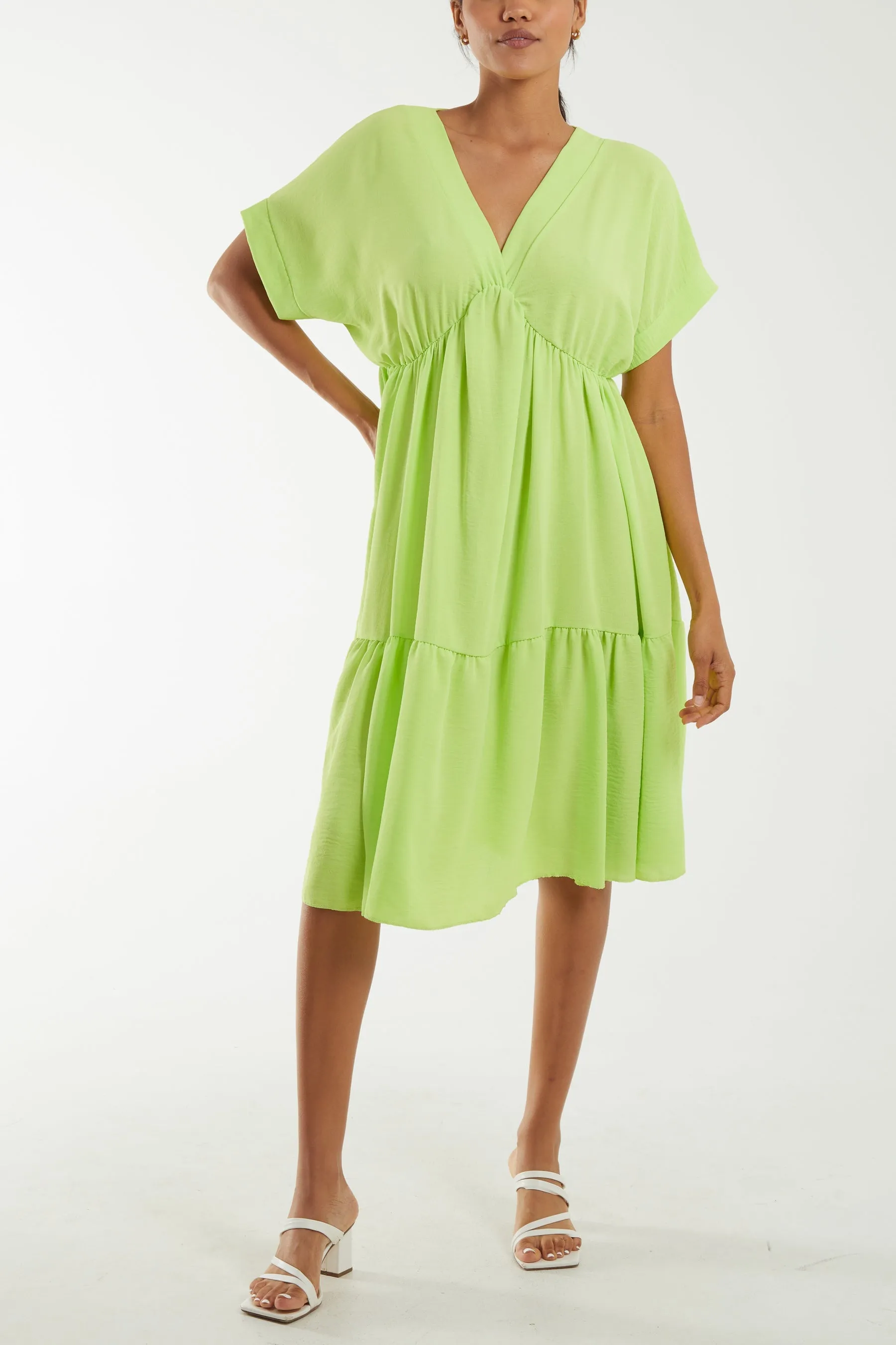 V-Neck Short Sleeve Tiered Midi Dress
