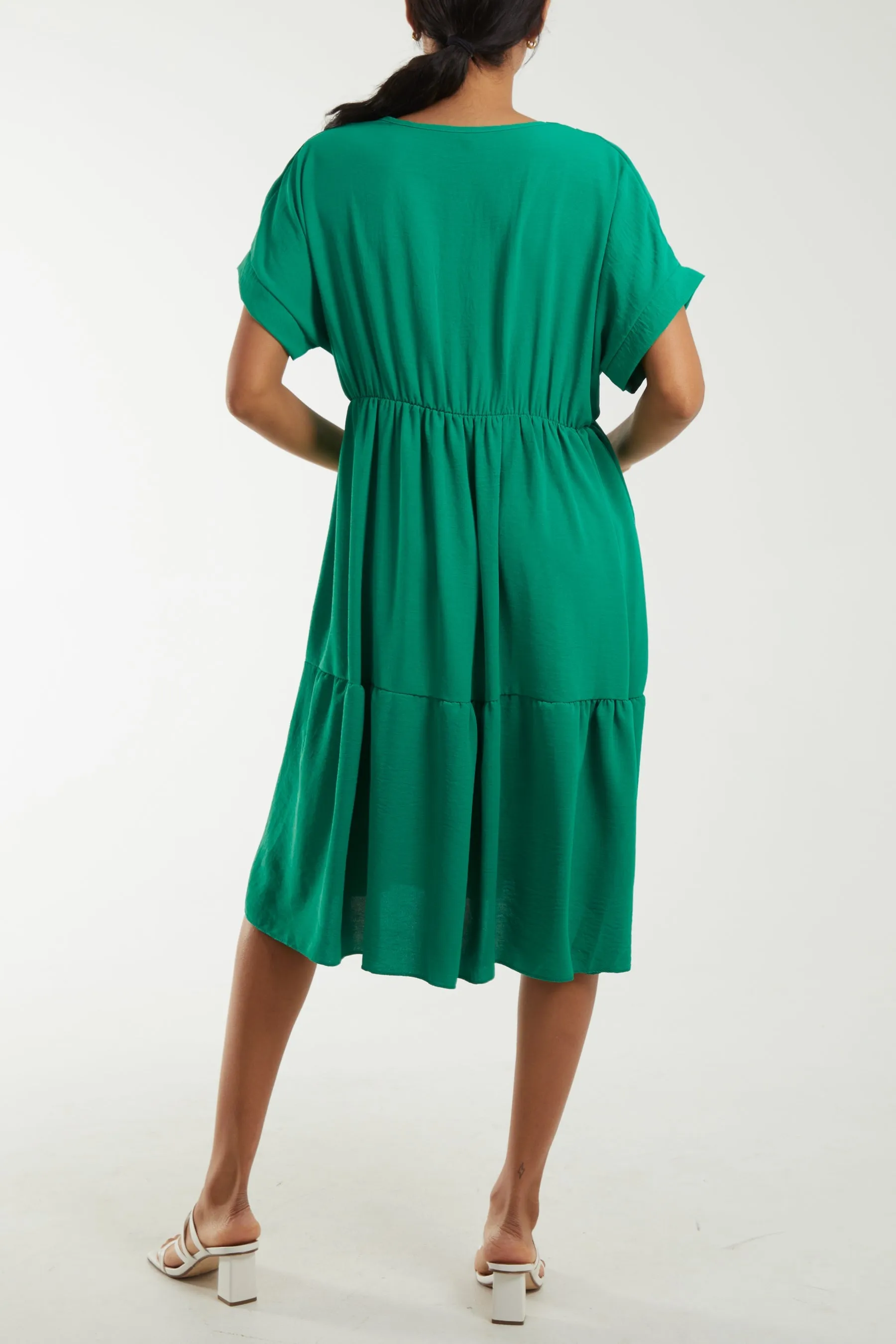 V-Neck Short Sleeve Tiered Midi Dress