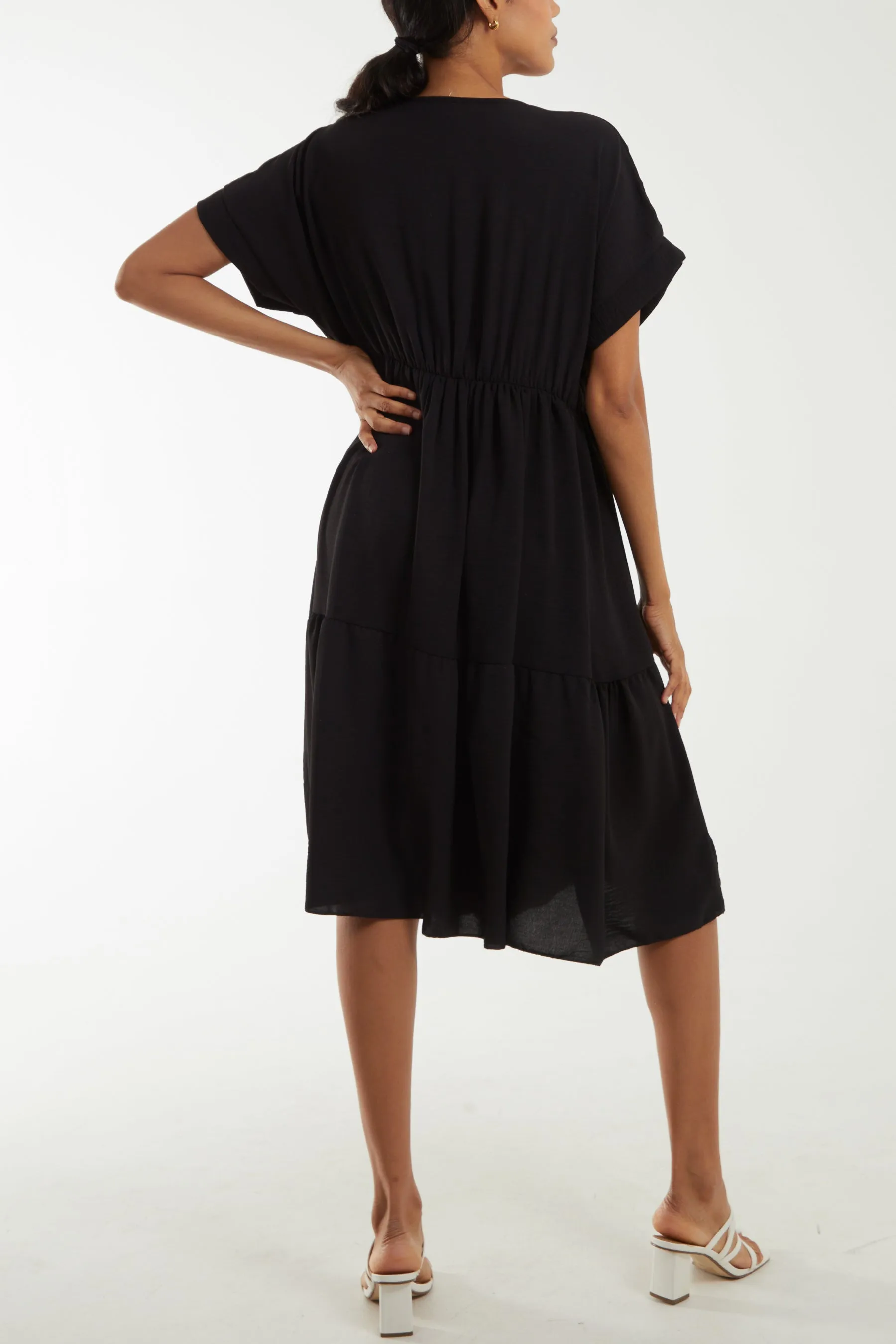 V-Neck Short Sleeve Tiered Midi Dress