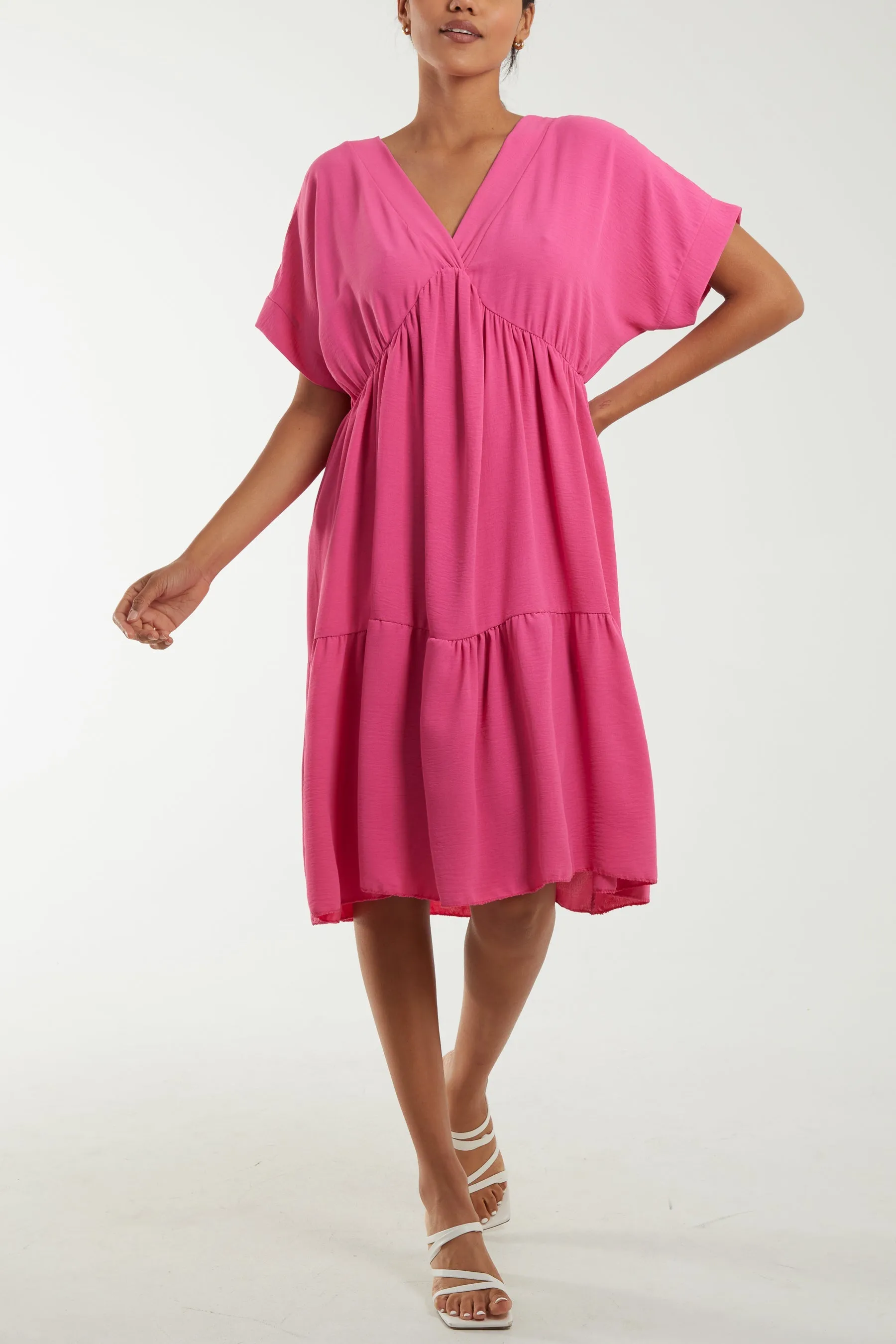 V-Neck Short Sleeve Tiered Midi Dress