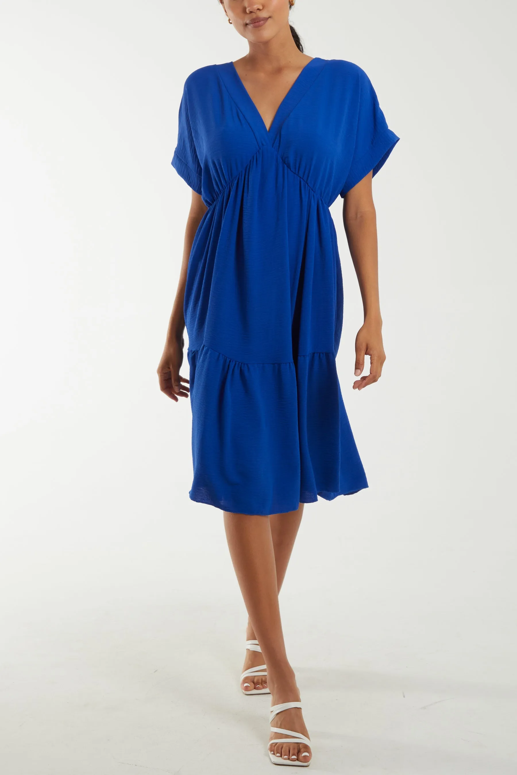 V-Neck Short Sleeve Tiered Midi Dress