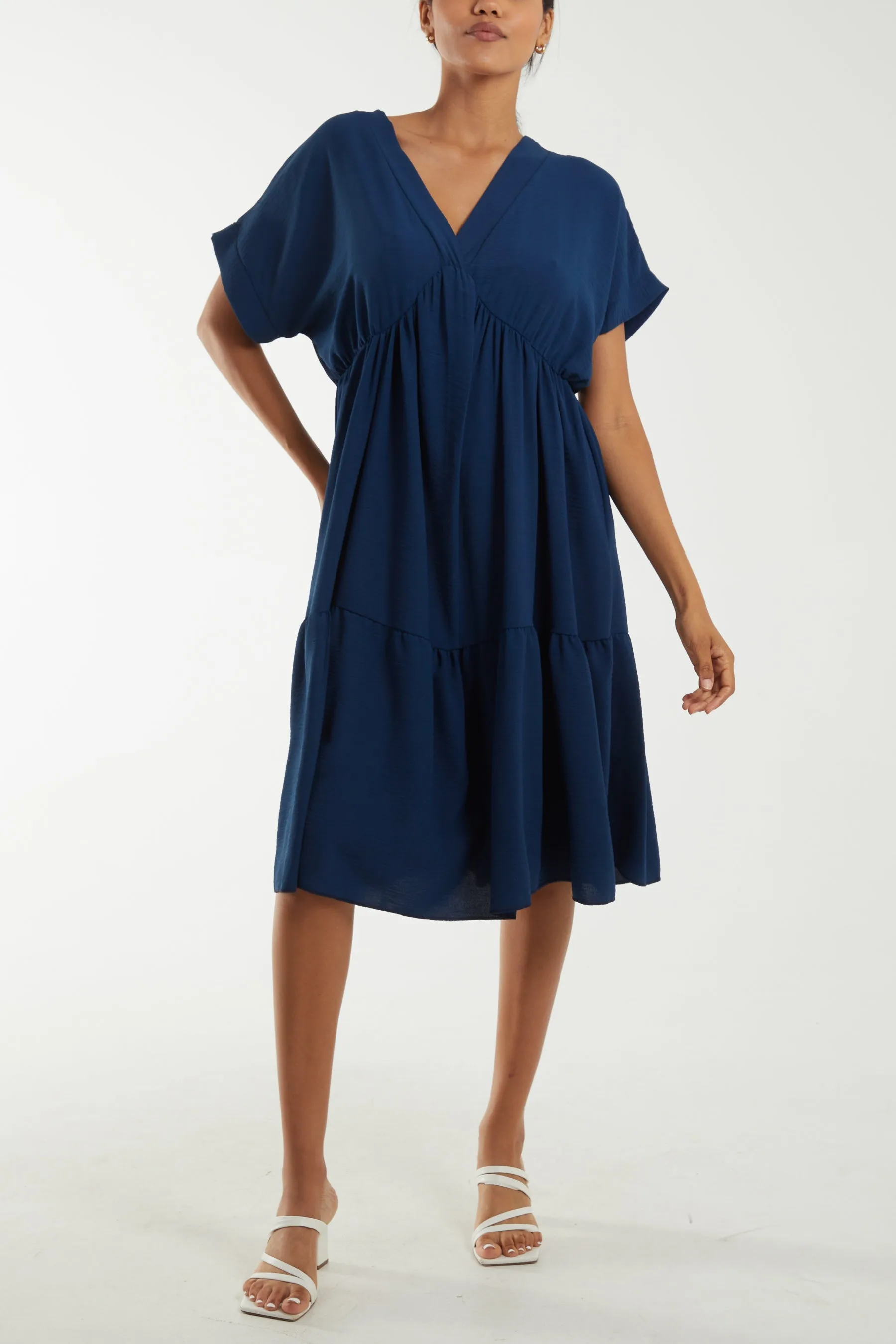V-Neck Short Sleeve Tiered Midi Dress