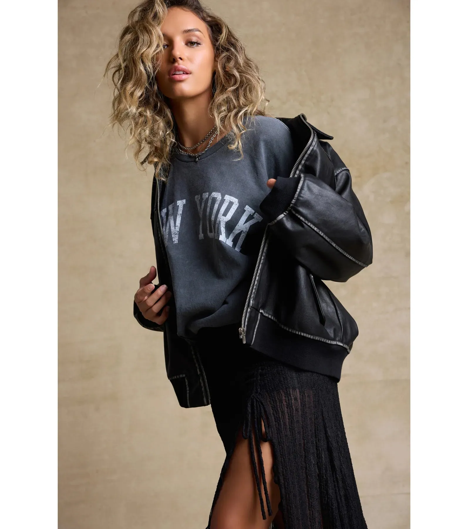 Vintage Chic Faux Leather Oversized Bomber Jacket
