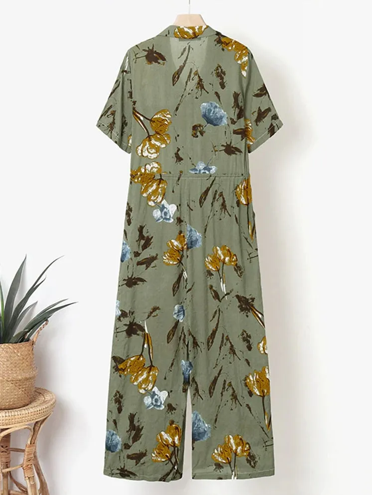 Vintage Floral Print Jumpsuits For Women Casual Lapel Neck Rompers