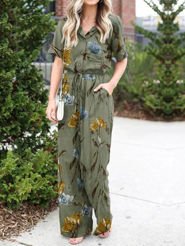 Vintage Floral Print Jumpsuits For Women Casual Lapel Neck Rompers