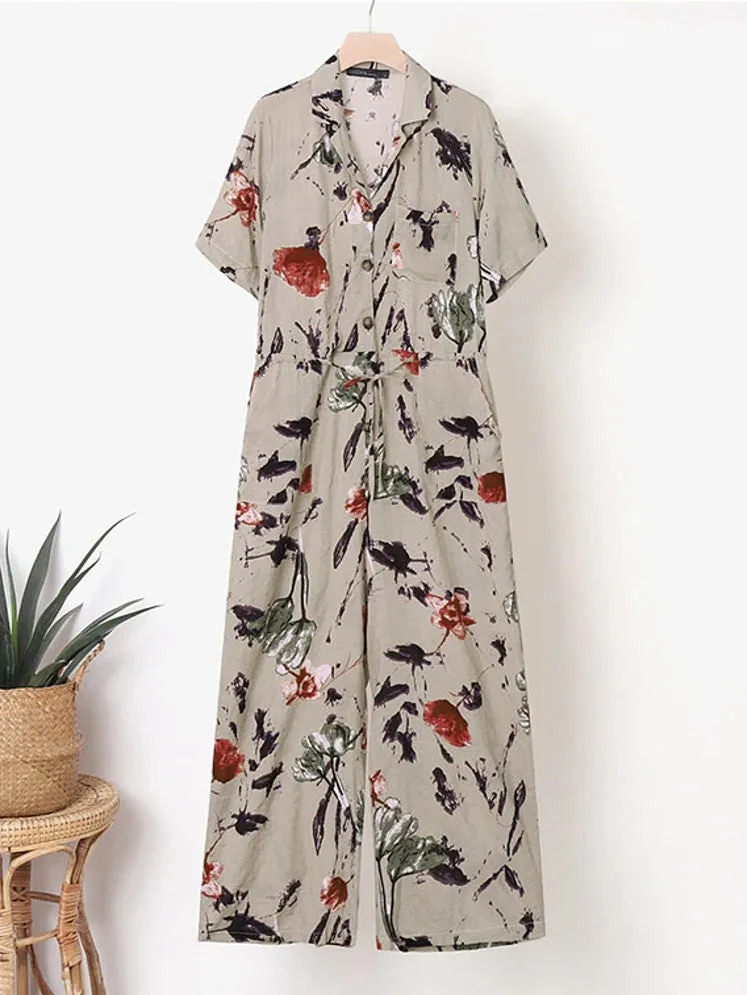 Vintage Floral Print Jumpsuits For Women Casual Lapel Neck Rompers