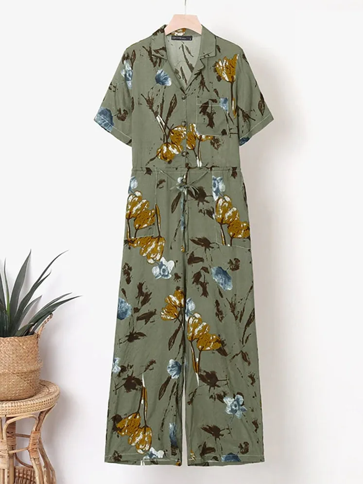 Vintage Floral Print Jumpsuits For Women Casual Lapel Neck Rompers
