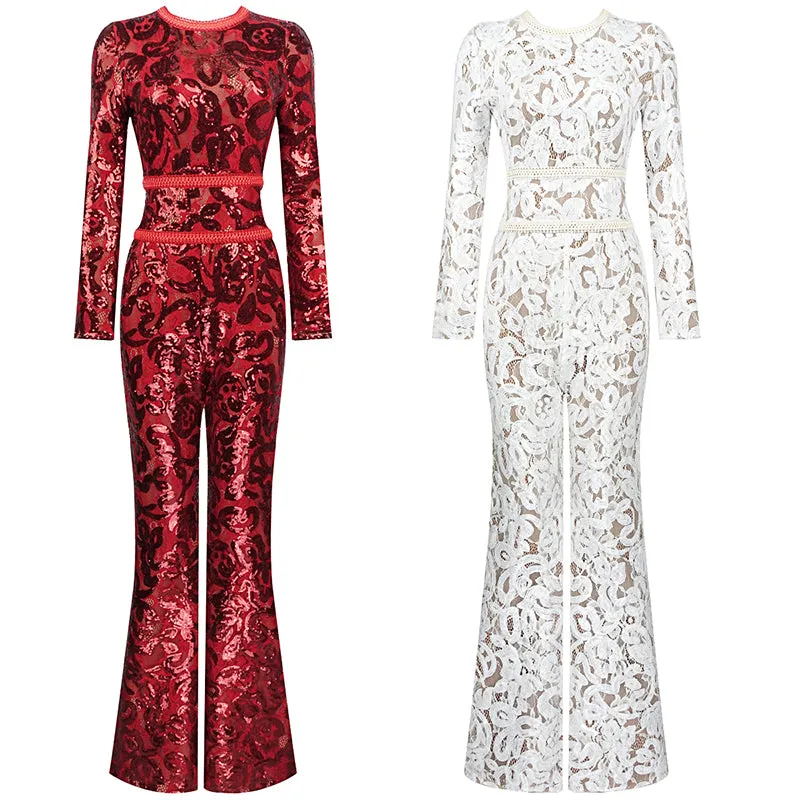 Vintage white lace high neck long pants bandage jumpsuits