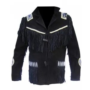Western Black Suede Leather Fringe Beaded Jacket for Men MWJ524