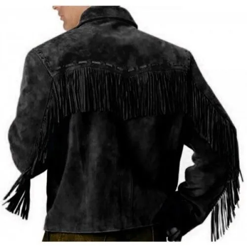 Western Black Suede Leather Fringe Jacket for Men MWJ536