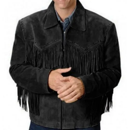 Western Black Suede Leather Fringe Jacket for Men MWJ536