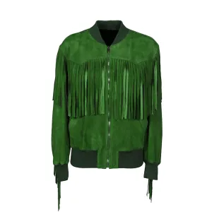 Western Green Suede Leather Fringe Jacket for Men MWJ627