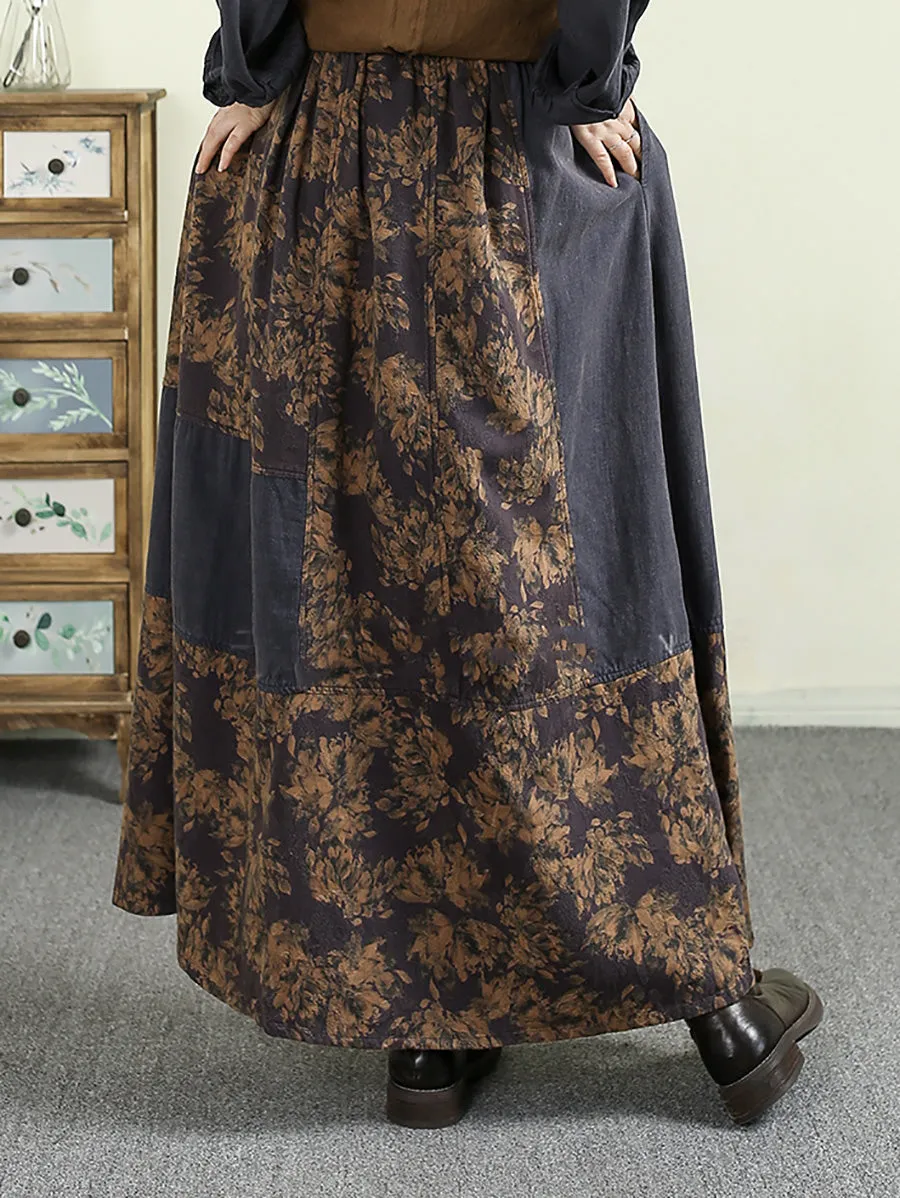 Women Autumn Artsy Flower Patch Spliced Skirt