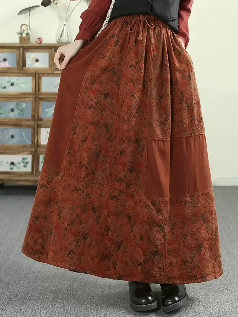 Women Autumn Artsy Flower Patch Spliced Skirt