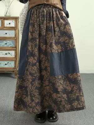 Women Autumn Artsy Flower Patch Spliced Skirt