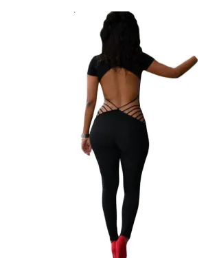 women Backless Jumpsuits Short Sleeve Tight-fitting Jumpsuit with Back Cut Out