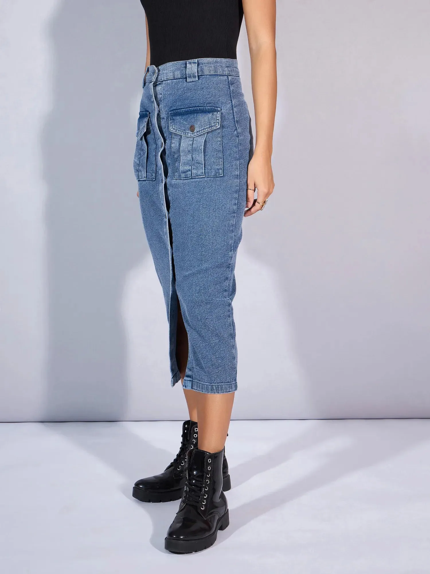 Women Blue Washed Denim Front Button Midi Skirt-SFSKRT30454