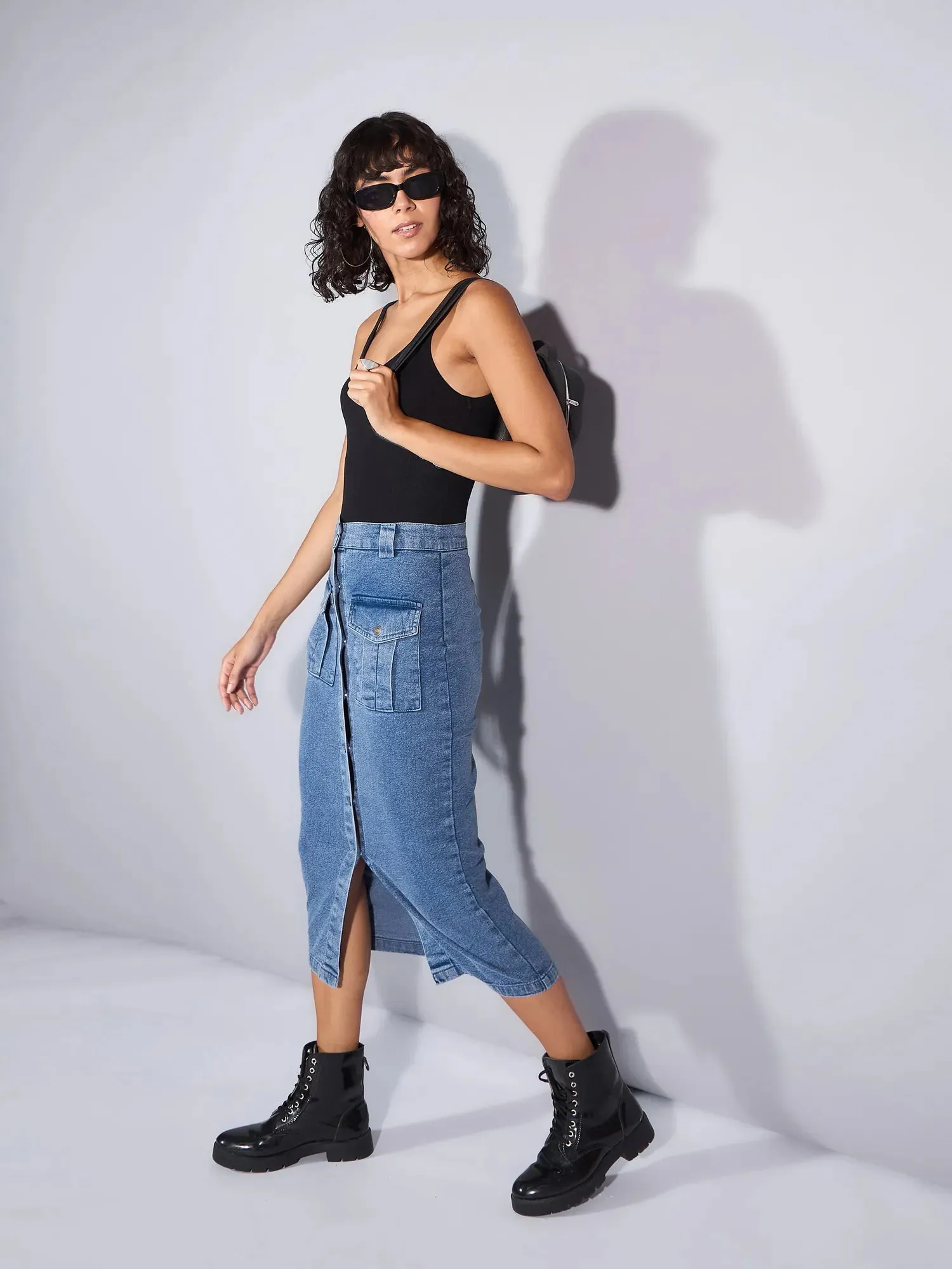 Women Blue Washed Denim Front Button Midi Skirt-SFSKRT30454