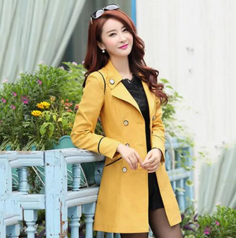 Women Fashion Turn-down Collar Double Breasted Candy Color Long Coats Plus Size Trench BN991