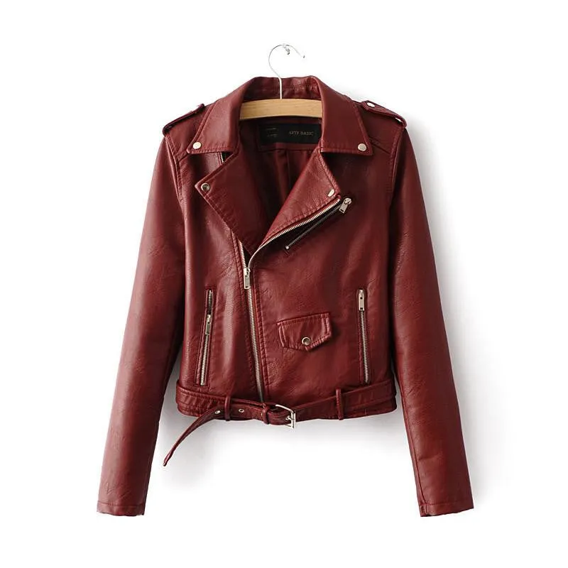 Women Faux Soft Leather Jackets Long Sleeve Motorcycle Coat